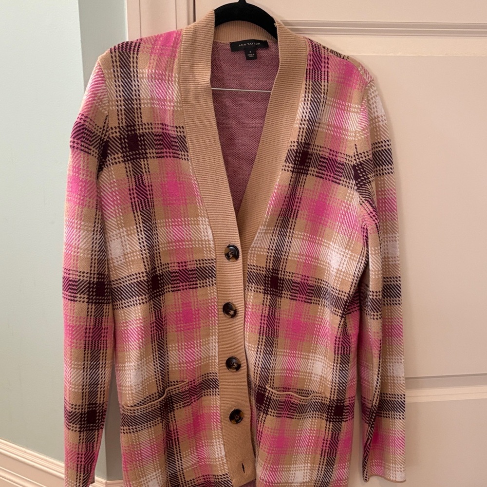 Ann Taylor Size M Plaid Cardigan with Pink and Tan Accents